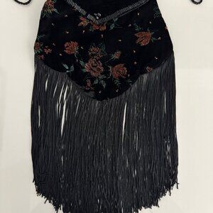 Vintage Black Velvet Evening Bag with Pink Roses and Long Fringe